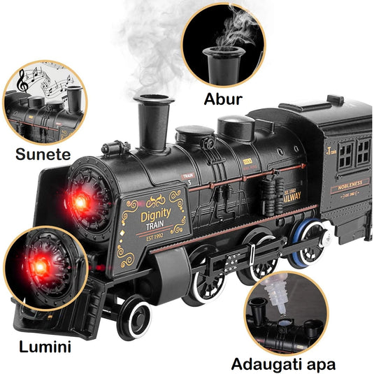 Set Trenulet Electric Metal Edition, cu Lumini, Sunete si Abur, Circuit Modular Interactiv, Structura din Aliaj Metalic, Far Functional, Vagoane de Marfa, Model Realist pentru Copii, Locomotiva cu Efecte 3D si Rezervor de Apa, Phantom