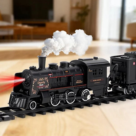 Set Trenulet Electric Metal Edition, cu Lumini, Sunete si Abur, Circuit Modular Interactiv, Structura din Aliaj Metalic, Far Functional, Vagoane de Marfa, Model Realist pentru Copii, Locomotiva cu Efecte 3D si Rezervor de Apa, Phantom