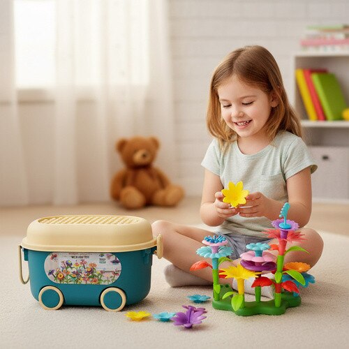 Set Creativ de Constructie 3D - Flower Garden Indiggo@, Gradina cu Flori Modulare, Include 139 piese, Valiza pe Roti si Maner, Jucarie Educativa pentru Copii, Multicolor