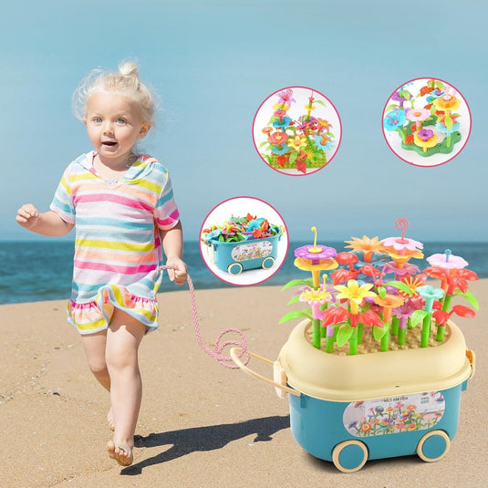 Set Creativ de Constructie 3D - Flower Garden Indiggo@, Gradina cu Flori Modulare, Include 139 piese, Valiza pe Roti si Maner, Jucarie Educativa pentru Copii, Multicolor