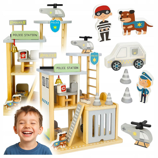 Statie de Politie din Lemn Police Station Indiggo@, Set Complet de Joaca cu Masina de Politie, Elicopter, Figurine si Mobilier, Jucarie Educativa din Lemn, 30 x 22 x 36 cm, 3+ Ani, Grey