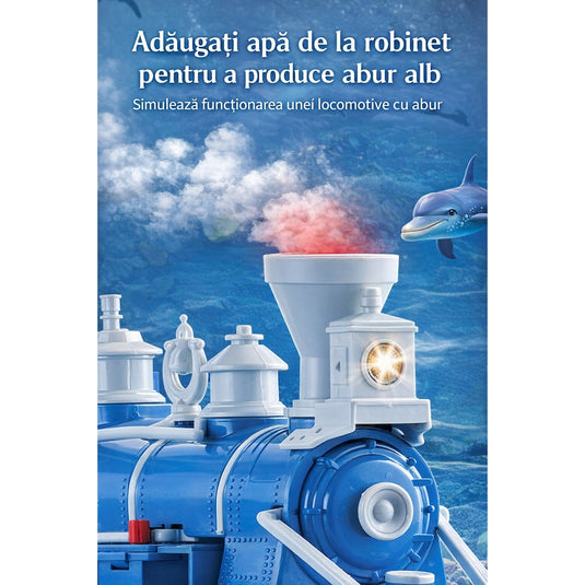 Trenulet Electric cu Aburi OceanExpress pentru Copii, Include Tren Electric cu Efecte Sonore, Lumini, Fum Real, 3 Vagoane, 16 Sine, Model Animalute Marine, Indiggo@, Blue Ocean, +3 Ani