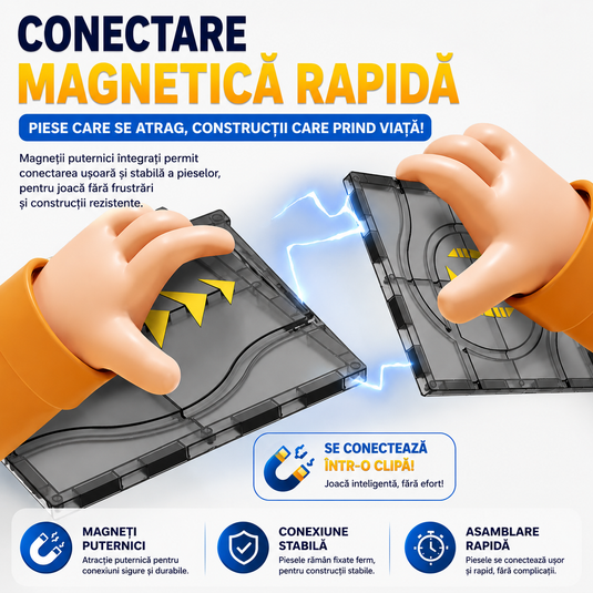 Set de Constructie MagicMagnetic Orbit, Include 41 de Piese, Traseu Magnetic 3D cu Masinute, Semne de Circulatie si Figurine, Numeroase Posibilitati de Construit, STEM, Educativ si Creativ, Indiggo®, 3ani+, Gri Antracit