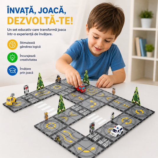 Set de Constructie MagicMagnetic Orbit, Include 41 de Piese, Traseu Magnetic 3D cu Masinute, Semne de Circulatie si Figurine, Numeroase Posibilitati de Construit, STEM, Educativ si Creativ, Indiggo®, 3ani+, Gri Antracit