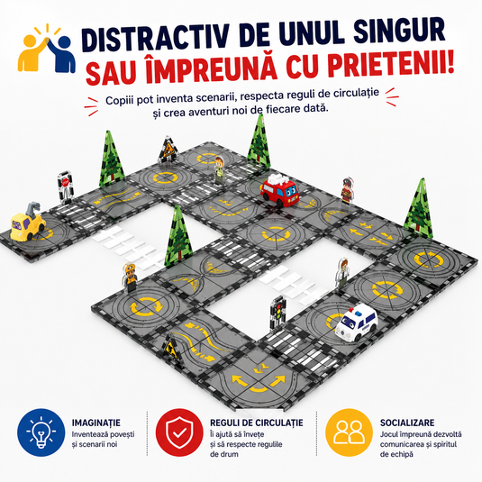 Set de Constructie MagicMagnetic Orbit, Include 41 de Piese, Traseu Magnetic 3D cu Masinute, Semne de Circulatie si Figurine, Numeroase Posibilitati de Construit, STEM, Educativ si Creativ, Indiggo®, 3ani+, Gri Antracit
