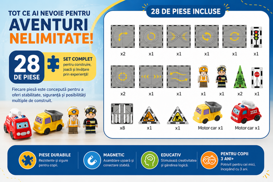 Set de Constructie MagicMagnetic Orbit, Include 28 de Piese, Traseu Magnetic 3D cu Masinute, Semne de Circulatie si Figurine, Numeroase Posibilitati de Construit, STEM, Educativ si Creativ, Indiggo®, 3ani+, Gray Sky