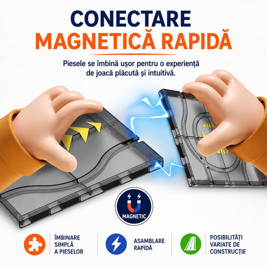 Set de Constructie MagicMagnetic Orbit, Include 17 de Piese, Traseu Magnetic 3D cu Masinute, Semne de Circulatie si Figurine, Numeroase Posibilitati de Construit, STEM, Educativ si Creativ, Indiggo®, 3ani+, Gray Stone