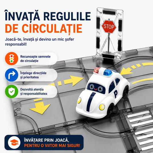 Set de Constructie MagicMagnetic Orbit, Include 17 de Piese, Traseu Magnetic 3D cu Masinute, Semne de Circulatie si Figurine, Numeroase Posibilitati de Construit, STEM, Educativ si Creativ, Indiggo®, 3ani+, Gray Stone