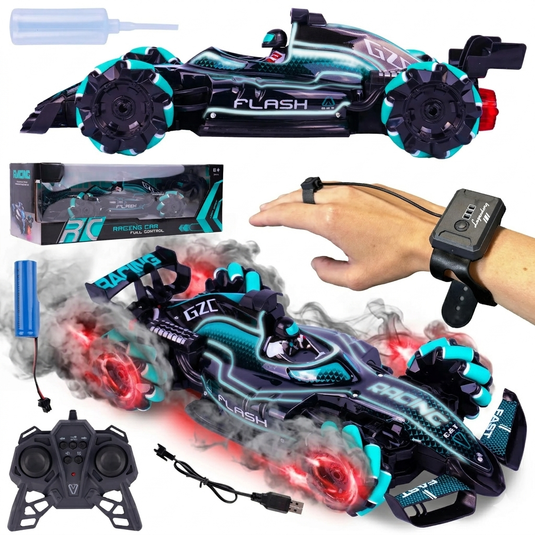 Masinuta TurboDrift 360 Indiggo® cu Control prin Gesturi si Telecomanda Dubla, Drift 360°, Efect Abur Realist, Lumini LED si Sunete, Roti Omnidirectionale, Tehnologie de Control 2.4 GHz, Baterie Reincarcabila, Cablu USB, Indiggo@, 6 Ani+, Black Turquoise