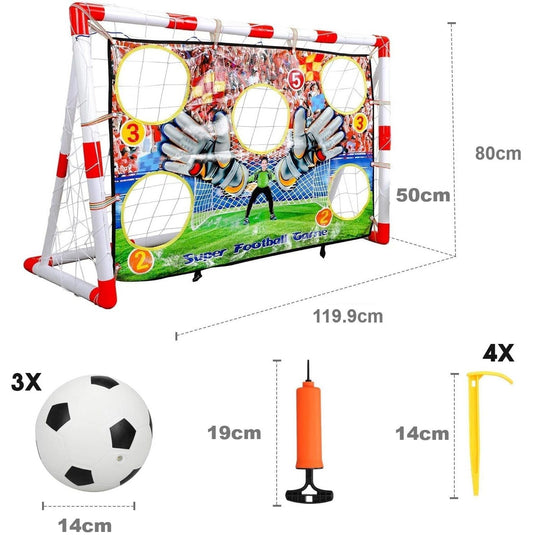 Poarta de Fotbal pentru Copii SmartGoal Pro, Set cu o Minge, Pompa si 4 Tarusi, Plasa Antrenament cu Tinta 5 Zone, Portabila, pentru Curte, Parc, Interior, Inaltime 87 cm, 3 Ani +, White/Red