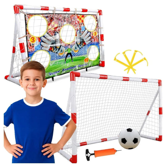 Poarta de Fotbal pentru Copii SmartGoal Pro, Set cu o Minge, Pompa si 4 Tarusi, Plasa Antrenament cu Tinta 5 Zone, Portabila, pentru Curte, Parc, Interior, Inaltime 87 cm, 3 Ani +, White/Red