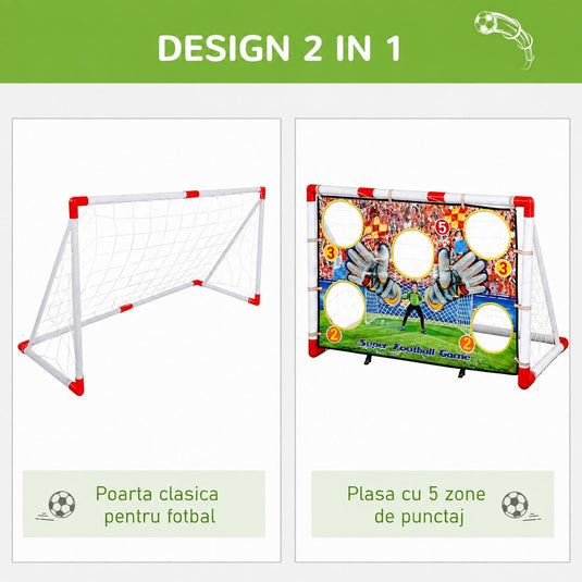Poarta de Fotbal pentru Copii SmartGoal Pro, Set cu o Minge, Pompa si 4 Tarusi, Plasa Antrenament cu Tinta 5 Zone, Portabila, pentru Curte, Parc, Interior, Inaltime 87 cm, 3 Ani +, White/Red