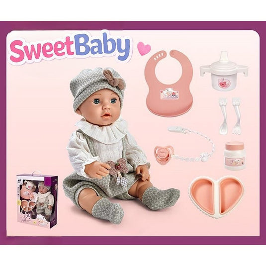 Papusa Bebelus SweetBaby Indiggo®, 40 cm, Set 6 Accesorii - Biberon, Farfurie, Tacamuri, Scutec si Zornaitoare, Papusa Interactiva Realista, Ochi Albastri, Corp Moale, Cadou Copii, 3 Ani+, Alb/Gri