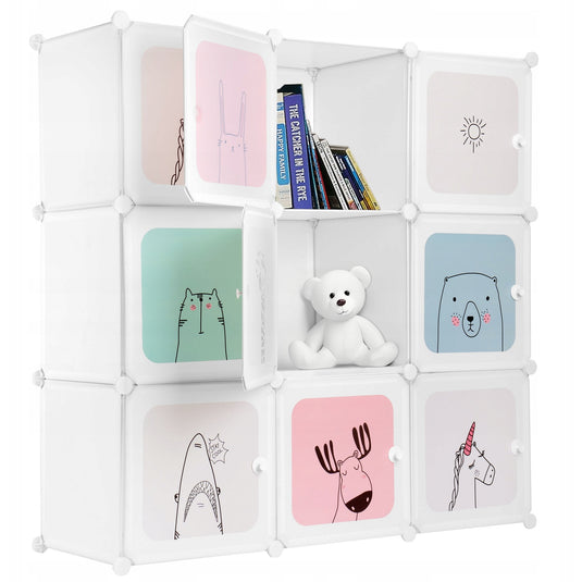 Dulap Modular Copii DreamZoo Indiggo®, Organizator Jucarii si Haine, 9 Compartimente cu Usi, Raft pentru Camera Copilului, Biblioteca Modulara, Greutate Maxima Suportata Aproximativ 5 kg / Compartiment, Dimensiuni - 110x110x37 cm, 3 Ani+, Alb Pastel