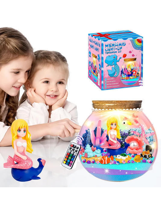 Lampa de Noapte pentru Copii OceanMagic Indiggo®Set Creativ DIY Terrarium cu Sirena pentru Copii, Lampa de Noapte LED cu Telecomanda, 12 Culori si 4 Moduri de Iluminare, Nisip Magic, Cristale si Figurine Marine, Joc Educativ STEM, 3 Ani+, Turcoaz