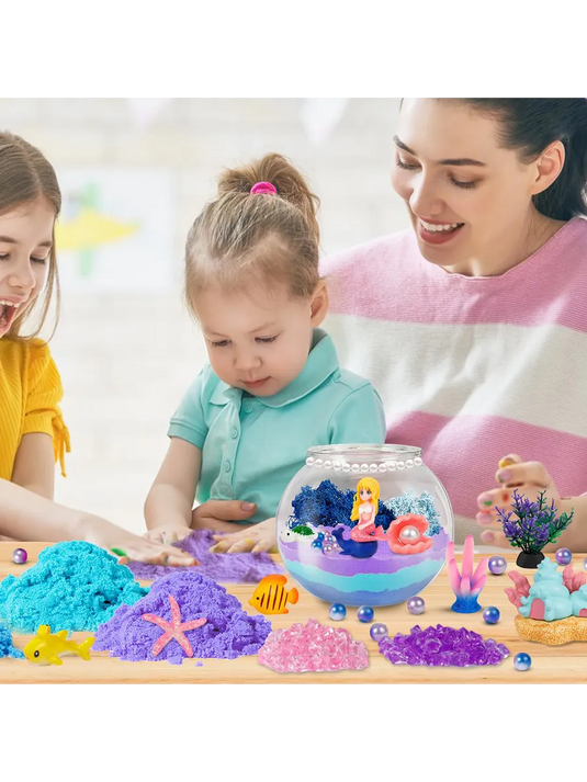 Lampa de Noapte pentru Copii OceanMagic Indiggo®Set Creativ DIY Terrarium cu Sirena pentru Copii, Lampa de Noapte LED cu Telecomanda, 12 Culori si 4 Moduri de Iluminare, Nisip Magic, Cristale si Figurine Marine, Joc Educativ STEM, 3 Ani+, Turcoaz