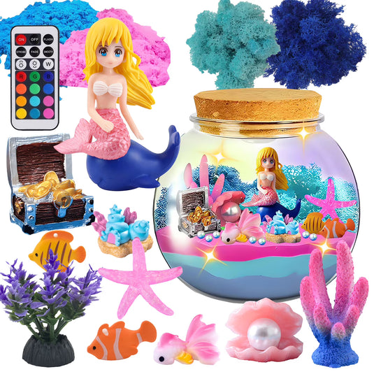 Lampa de Noapte pentru Copii OceanMagic Indiggo®Set Creativ DIY Terrarium cu Sirena pentru Copii, Lampa de Noapte LED cu Telecomanda, 12 Culori si 4 Moduri de Iluminare, Nisip Magic, Cristale si Figurine Marine, Joc Educativ STEM, 3 Ani+, Turcoaz