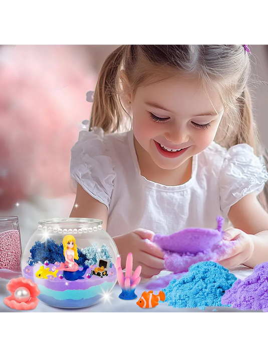 Lampa de Noapte pentru Copii OceanMagic Indiggo®Set Creativ DIY Terrarium cu Sirena pentru Copii, Lampa de Noapte LED cu Telecomanda, 12 Culori si 4 Moduri de Iluminare, Nisip Magic, Cristale si Figurine Marine, Joc Educativ STEM, 3 Ani+, Turcoaz