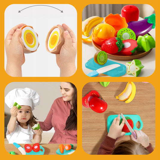 Set de Legume si Fructe pentru Copii, Indiggo, Include Cos cu Manere si Capac, 13 Legume si Fructe Unite cu Velcro, Mini-Aragaz, Oala si Ceainic, in Culori Vibrante, Stimuleaza Imaginatia, 3 ani+, Multicolor