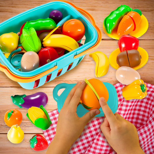 Set de Legume si Fructe pentru Copii, Indiggo, Include Cos cu Manere si Capac, 13 Legume si Fructe Unite cu Velcro, Mini-Aragaz, Oala si Ceainic, in Culori Vibrante, Stimuleaza Imaginatia, 3 ani+, Multicolor