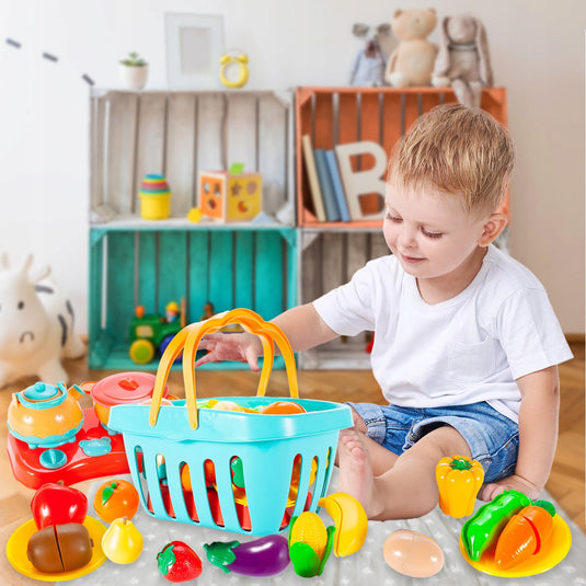 Set de Legume si Fructe pentru Copii, Indiggo, Include Cos cu Manere si Capac, 13 Legume si Fructe Unite cu Velcro, Mini-Aragaz, Oala si Ceainic, in Culori Vibrante, Stimuleaza Imaginatia, 3 ani+, Multicolor