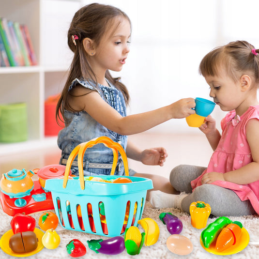 Set de Legume si Fructe pentru Copii, Indiggo, Include Cos cu Manere si Capac, 13 Legume si Fructe Unite cu Velcro, Mini-Aragaz, Oala si Ceainic, in Culori Vibrante, Stimuleaza Imaginatia, 3 ani+, Multicolor