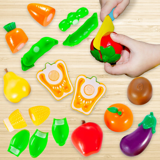 Set de Legume si Fructe pentru Copii, Indiggo, Include Cos cu Manere si Capac, 13 Legume si Fructe Unite cu Velcro, Mini-Aragaz, Oala si Ceainic, in Culori Vibrante, Stimuleaza Imaginatia, 3 ani+, Multicolor