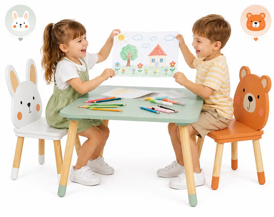 Masuta si 2 Scaune Copii din Lemn Sweet Animals – Set Montessori Bear & Bunny, Design Scandinav, Green Woody