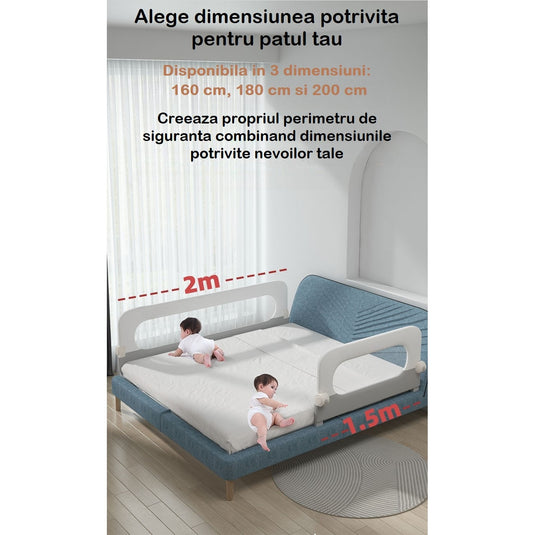Bariera Protectie Pat 180 Cm SafeSleep™ Pliabila 180° EasyFlip, Bara Suplimentara FlexiMax NO Gap Design, Plasa Oxford Soft-Touch Ventilatie 360°, Instalare Fara Gauri, Potrivire Universala, Structura Ranforsata si Baza Anti-Rasturnare, Soft