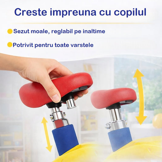 Bicicleta Fitness Stationara pentru Copii MiniMotion™ SpinMax Reglabila pe Inaltime, Ecran Digital Monitorizare Timp, Viteza, Distanta si Calorii, Pedale Antiderapante, Manere cu Spuma SoftTouch, Capacitate 68 Kg, Multicolor