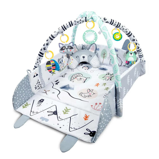 Saltea de Activitati si Spatiu de Joaca 3in1, BabyKING KinderVibe™, cu Perna, 7 Jucarii Senzoriale Detasabile, Doua Arcade, Oglinda, Material Moale cu Protectie Termica, Usor de Curatat, Antiderapant, Multifunctional, Alb/Gri