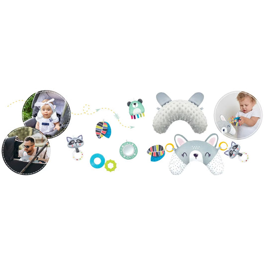 Saltea de Activitati si Spatiu de Joaca 3in1, BabyKING KinderVibe™, cu Perna, 7 Jucarii Senzoriale Detasabile, Doua Arcade, Oglinda, Material Moale cu Protectie Termica, Usor de Curatat, Antiderapant, Multifunctional, Alb/Gri