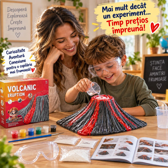 Kit Creativ STEM pentru Experimente Vulcanice CrazyVolcano™ Construieste, Picteaza si Activeaza, Ochelari de Protectie, 6 Culori, Pensula, Recipient de Masurare, Ingrediente pentru Eruptie, Ghid Ilustrat, Educational si Interactiv, 8+ Ani