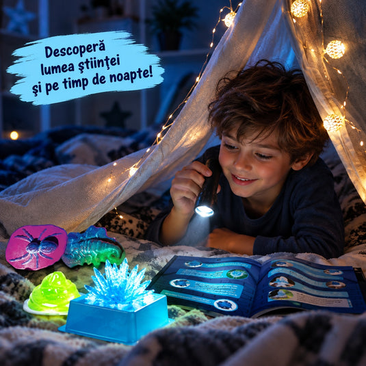 Kit STEM cu Experimente Luminoase GlowMonster Slime™ Cristale, Slime si Figurine Fluorescente, Seminte si Pudra, Ipsos, Vopsele, Pensula, 2 Modele Animale, Recipiente de Crestere si Masurare, Pix UV, 3 Betisoare, Ghid Ilustrat, 8+ Ani