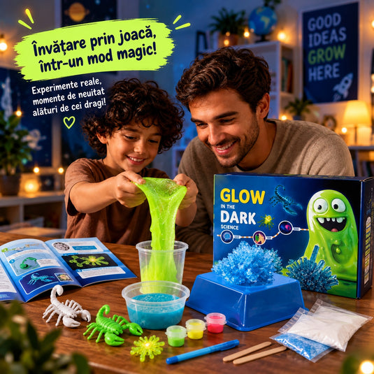 Kit STEM cu Experimente Luminoase GlowMonster Slime™ Cristale, Slime si Figurine Fluorescente, Seminte si Pudra, Ipsos, Vopsele, Pensula, 2 Modele Animale, Recipiente de Crestere si Masurare, Pix UV, 3 Betisoare, Ghid Ilustrat, 8+ Ani