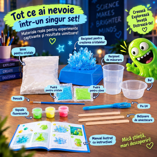 Kit STEM cu Experimente Luminoase GlowMonster Slime™ Cristale, Slime si Figurine Fluorescente, Seminte si Pudra, Ipsos, Vopsele, Pensula, 2 Modele Animale, Recipiente de Crestere si Masurare, Pix UV, 3 Betisoare, Ghid Ilustrat, 8+ Ani