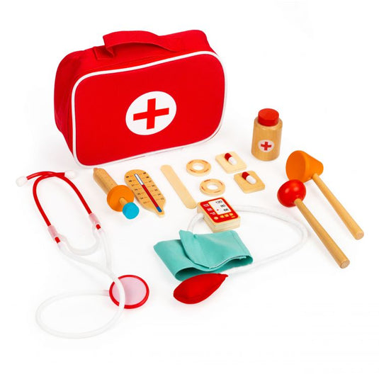 Set de Joaca, Trusa Medicala LittleDoctor cu Instrumente din Lemn, Include Flacon cu Medicamente, Alifie, Stetoscop, Termometru, Seringa, Tensiometru, Ciocan, Otoscop, Spatula, Geanta pentru Depozitare, Indiggo®, 3ani+, Rosu