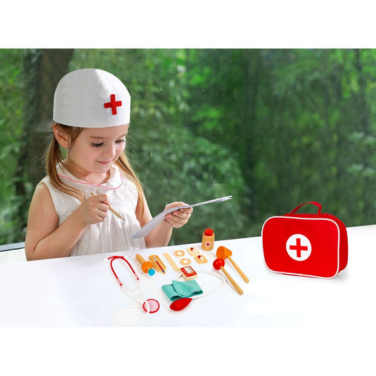 Set de Joaca, Trusa Medicala LittleDoctor cu Instrumente din Lemn, Include Flacon cu Medicamente, Alifie, Stetoscop, Termometru, Seringa, Tensiometru, Ciocan, Otoscop, Spatula, Geanta pentru Depozitare, Indiggo®, 3ani+, Rosu