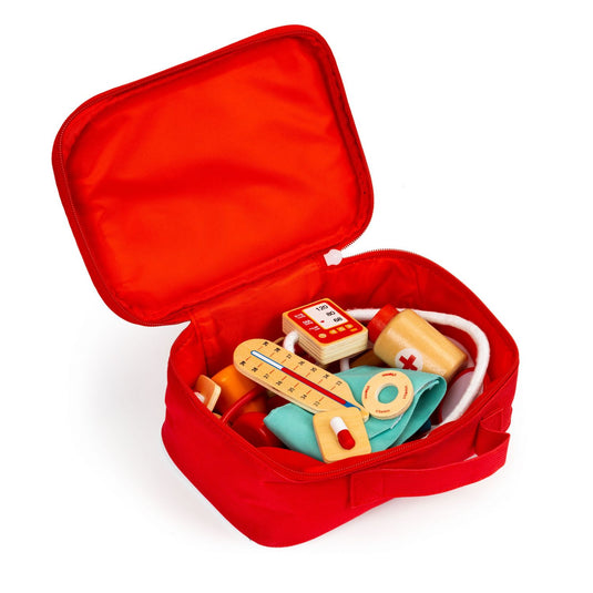 Set de Joaca, Trusa Medicala LittleDoctor cu Instrumente din Lemn, Include Flacon cu Medicamente, Alifie, Stetoscop, Termometru, Seringa, Tensiometru, Ciocan, Otoscop, Spatula, Geanta pentru Depozitare, Indiggo®, 3ani+, Rosu
