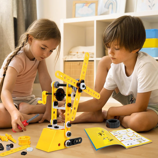 Set de Constructie 10in1 Interactiv BrainBox™ 100 Piese DIY, Model Multi-Utilaje Santier, Macara, Excavator, Stivuitor, Dezvoltare Abilitati STEM si Motricitate, Joc Educativ de Inginerie si Logica, +3 Ani, Yellow