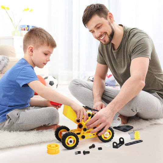 Set de Constructie 10in1 Interactiv BrainBox™ 100 Piese DIY, Model Multi-Utilaje Santier, Macara, Excavator, Stivuitor, Dezvoltare Abilitati STEM si Motricitate, Joc Educativ de Inginerie si Logica, +3 Ani, Yellow