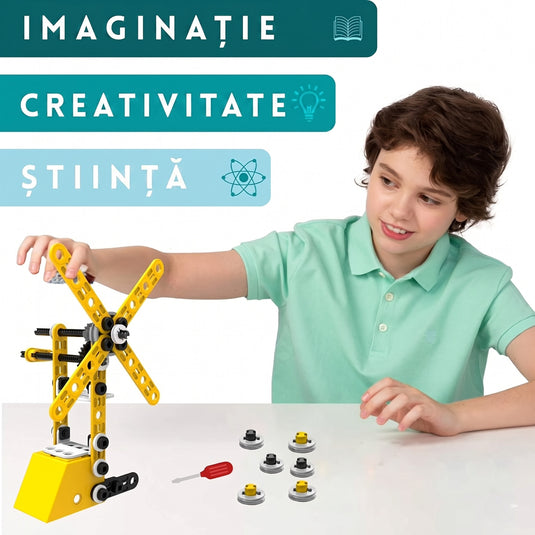 Set de Constructie 10in1 Interactiv BrainBox™ 100 Piese DIY, Model Multi-Utilaje Santier, Macara, Excavator, Stivuitor, Dezvoltare Abilitati STEM si Motricitate, Joc Educativ de Inginerie si Logica, +3 Ani, Yellow