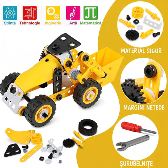 Set de Constructie 10in1 Interactiv BrainBox™ 100 Piese DIY, Model Multi-Utilaje Santier, Macara, Excavator, Stivuitor, Dezvoltare Abilitati STEM si Motricitate, Joc Educativ de Inginerie si Logica, +3 Ani, Yellow