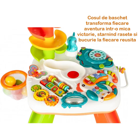 Masuta Multifunctionala de Joaca cu Activitati HappyToucan Indiggo® Puzzle Educativ, Tobogan cu Bile, Sunete si Cantece, Lumini, Joc Abacus, Pian, Forme si Culori, Jucarii pentru Dentitie, Cos de Baschet, Multicolor