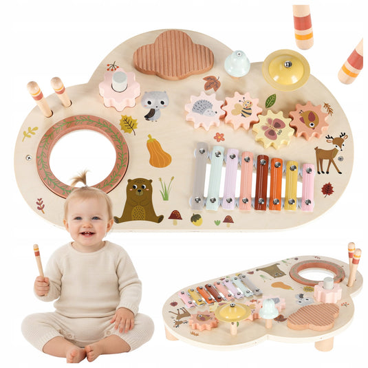 Masuta Educationala din Lemn pentru Copii TinyTunes Table - Indiggo@, Jucarie Montessori cu Instrumente Muzicale, 12 Luni+, Wooden Brown