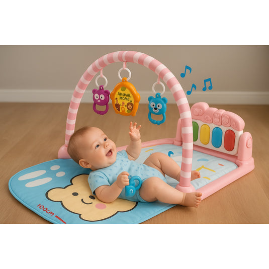 Salteluta si Centru de Activitati BambinoGym™ Pian Multifunctional, Muzica si Lumini, Arcada cu Jucarii, Perna Moale si Lavabila, Elemente Detasabile, Pink