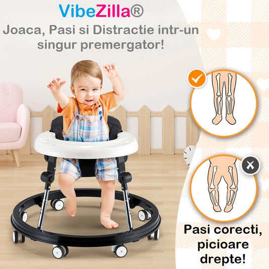 Premergator Multifunctional 3in1 VibeZilla® Scaun de Masa si Jumper, Panou Detasabil Muzical cu Jucarii, Inaltime Reglabila, Pliabil, Perna Moale si Respirabila, Roti Silentioase 360°, Suport Picioare, Design Ranforsat, Anti-Rasturnare, Black