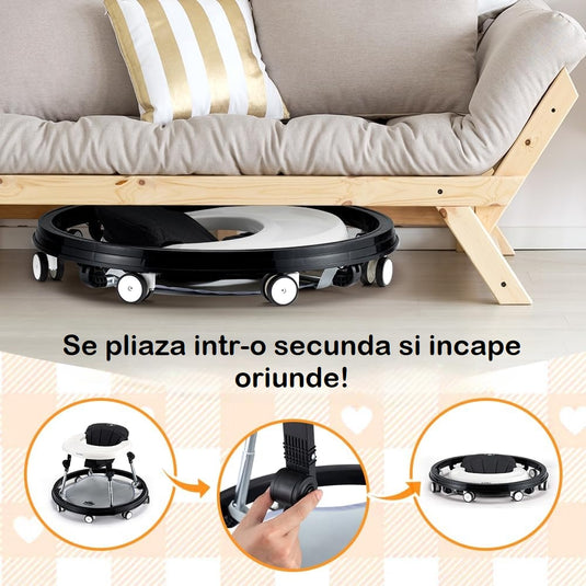 Premergator Multifunctional 3in1 VibeZilla® Scaun de Masa si Jumper, Panou Detasabil Muzical cu Jucarii, Inaltime Reglabila, Pliabil, Perna Moale si Respirabila, Roti Silentioase 360°, Suport Picioare, Design Ranforsat, Anti-Rasturnare, Black