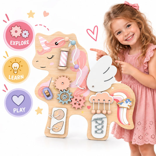 Tabla de Activitati Senzoriale din Lemn MagicUnicorn™ Montessori Discovery cu Roti Dintate, Bilute, Snururi, Siret, Comutator ON/OFF, Elemente Mobile, Jucarie Interactiva si Educativa pentru Motricitate Fina, Pastel Dream