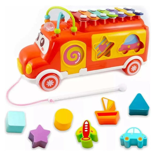 Autobuz Muzical Multifunctional 3in1 MusicRide™ cu Xilofon, Sortator de Forme, Blocuri de Constructie, Elemente Mobile, Invatare si Dezvoltare, Recunoasterea Culorilor si Rezolvarea Problemelor, Red
